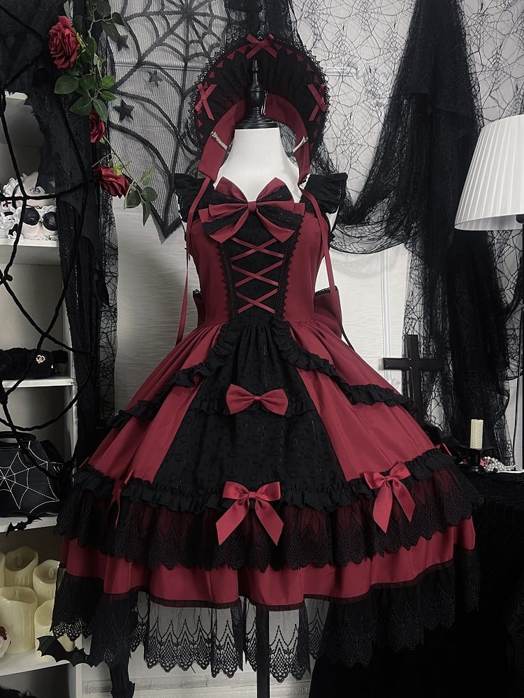 Rot-schwarzes Old School Lolita Fashion Kleid Bowknot JSK Set