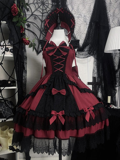 Rot-schwarzes Old School Lolita Fashion Kleid Bowknot JSK Set