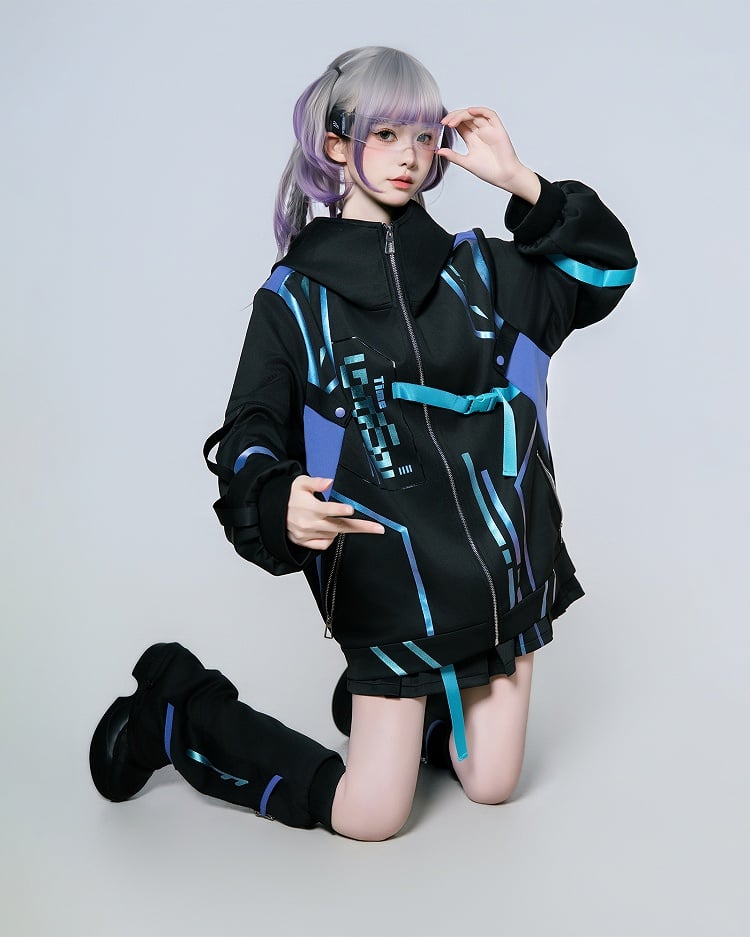 Matching Anime Hooded Purple Cyberpunk Blue Gradient Set: Jacket