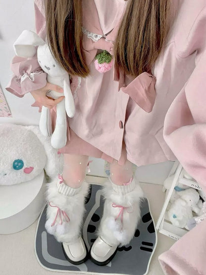 Faux Fur Pompom Ribbon Bow Leg Warmers 3-Color - Two Bear Pink