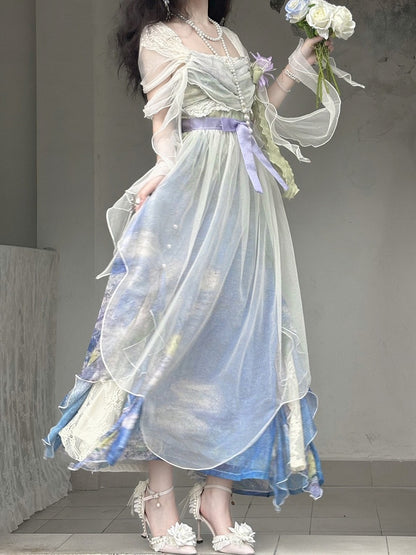 Artistic Print Empire Waist Lolita Gown with Cowl Neckline - Magic Skirt Cat
