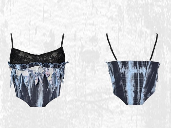 グランジパンクロックフェアリーブルーレースカウルネックラインボーンコルセットタイダイキャミトップ