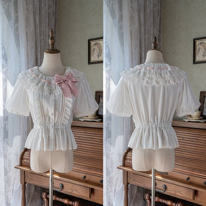 取り外し可能なピンクのブラウス袖、水玉模様、ショートリボン、ホワイト