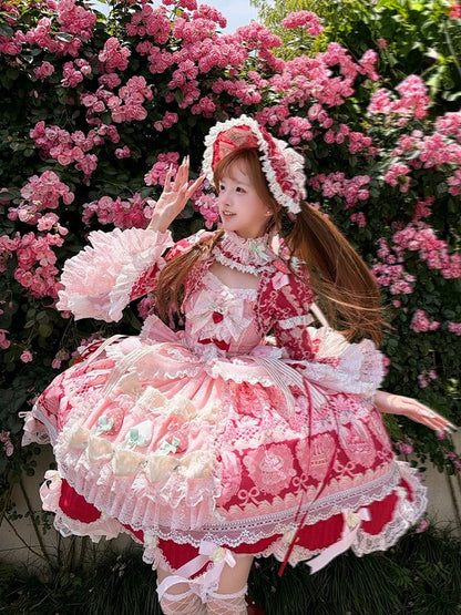 Red & Pink Strawberry Cake Print Bell Sleeve Lolita Dress - Ball Lolita