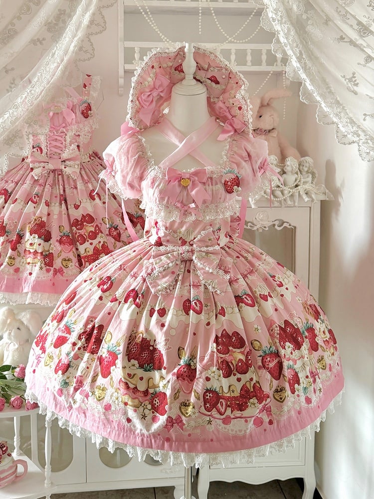 Rosa Printkleid Lolita Cake Kurze Ärmel Süße Erdbeere