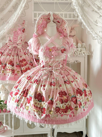 Rosa Printkleid Lolita Cake Kurze Ärmel Süße Erdbeere