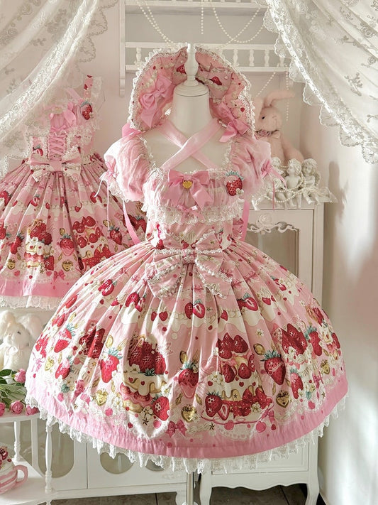 Rosa Printkleid Lolita Cake Kurze Ärmel Süße Erdbeere