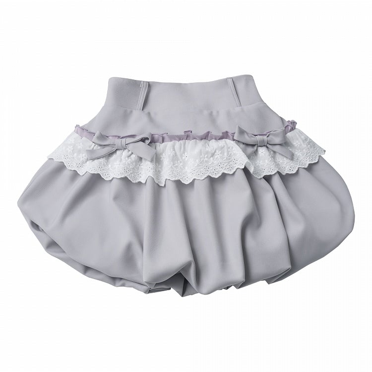 Gray Lace Trim Bubble Skirt with Bow - PINK SAVIOR