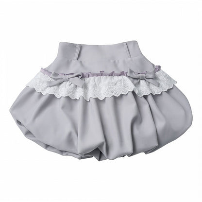 Gray Lace Trim Bubble Skirt with Bow - PINK SAVIOR