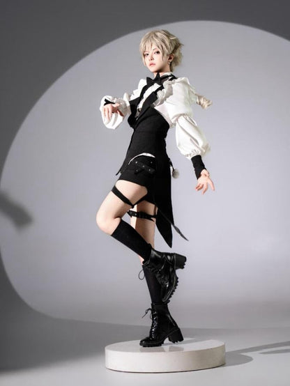 and Prince Lolita Waistcoat Garters - Outfit Ouji Gothic + Bowtie Black Tailcoat with White Shorts Shirt
