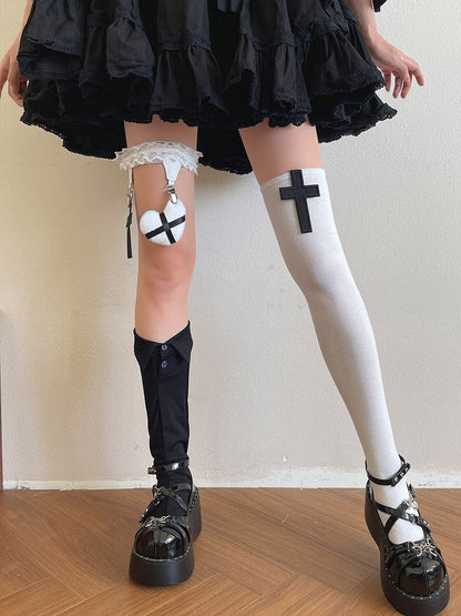 Knee Cross White Black Stockingswith Over Gothic Decoration