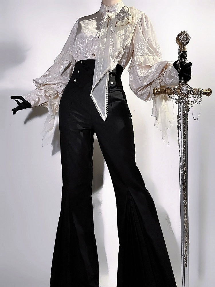 Beige Long Sleeves Jacquard Ouji Style Shirt with Rose and Bead Chains + Black High Waisted Flared Pants Set - Unknown Star