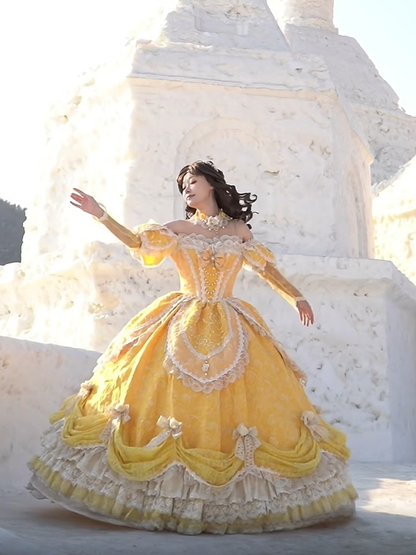 Lolita Layered Gown Lace Yellow Version and with Long Hanayome Ruffles Bow Hime Details Off-Shoulder