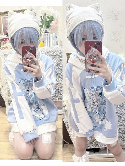 Yami Ear Light Kawaii Print Blue Hooded Tenshi Anime Jacket with Bunny