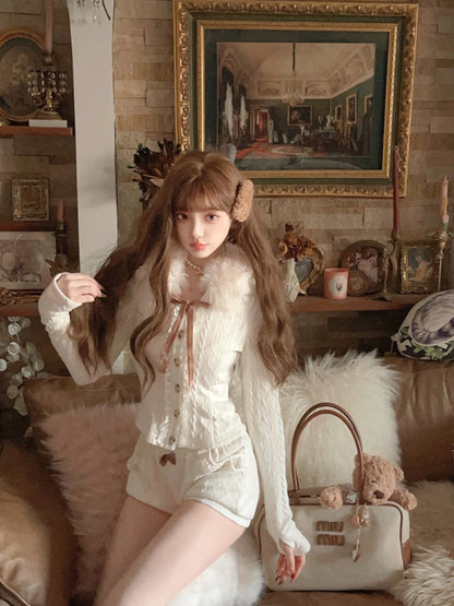 Brown Detail Lace-Trimmed With Shorts Knit Pocket Fleece Bow White