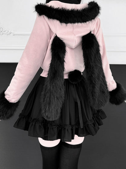 with Jirai Jacket Collar Bunny Padded Short Warm Black Fur Cuffs Ear and Pink Kei Hooded