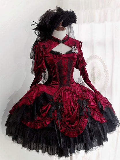 Rotes, abnehmbares Samtoberteil mit langen Glockenärmeln und Schlangenknochenmuster