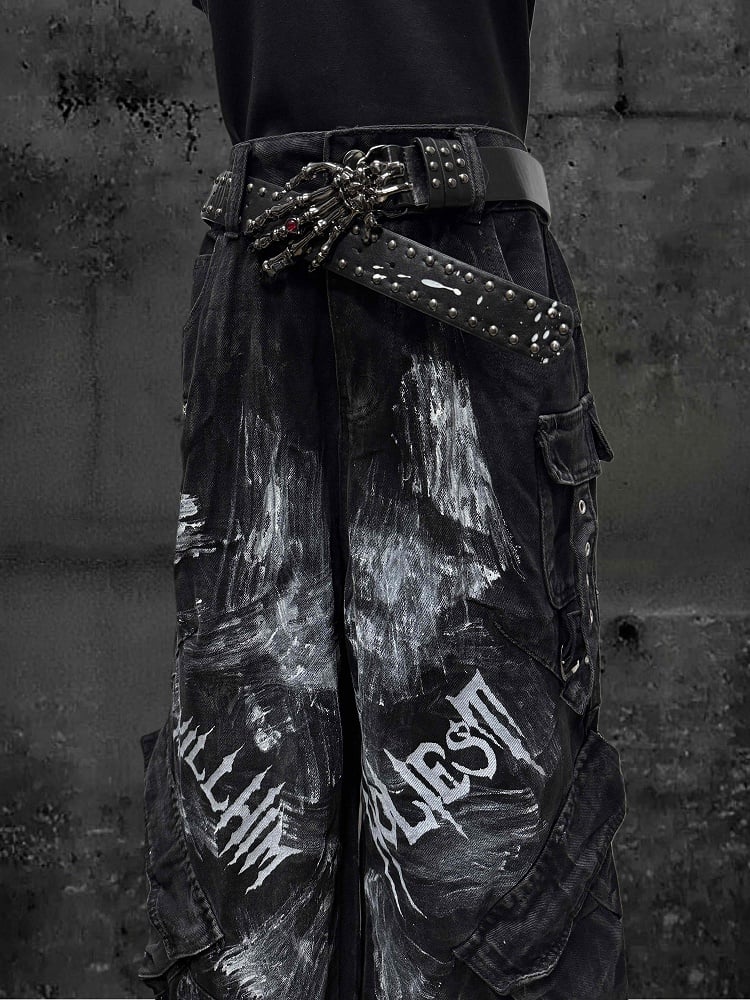 with Cargo Faded Wasteland Wash Paint-Splatter Black Jeans and Wide-Leg Punk Print