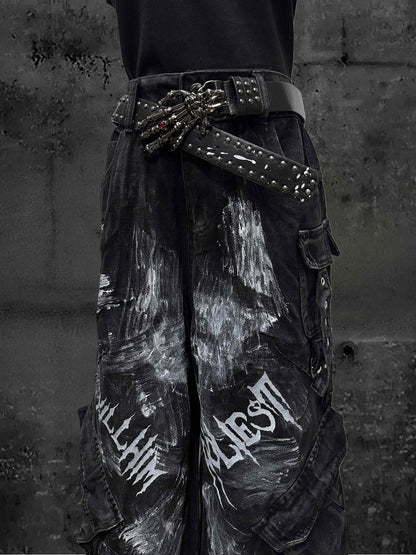 with Cargo Faded Wasteland Wash Paint-Splatter Black Jeans and Wide-Leg Punk Print