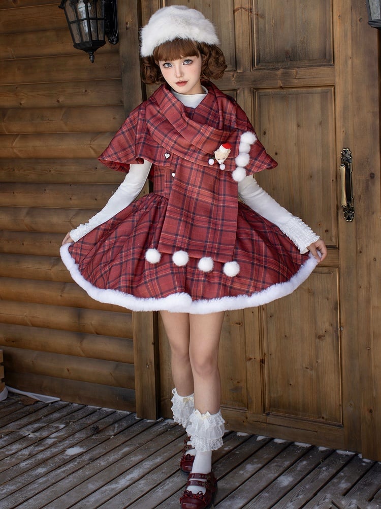 Under Boned Short Bust Plush Waist Red Lolita Version Dress Plaid and Hemline Christmas