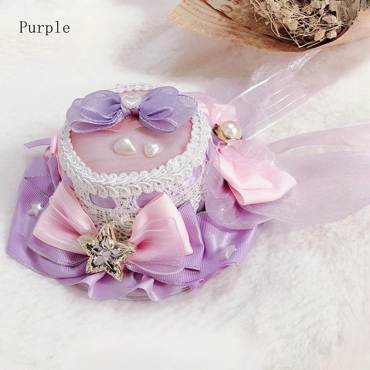 Idol Details with Star Lolita Mini Pink and Purple and Blue Beaded Hat Bowknot And - Forever Rose