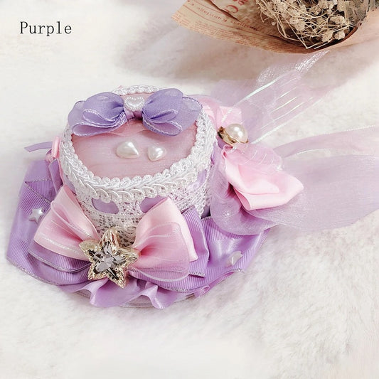 Idol Details Decorated Star Lolita Mini Pink/Purple/Blue Beaded Hat Bowknot And