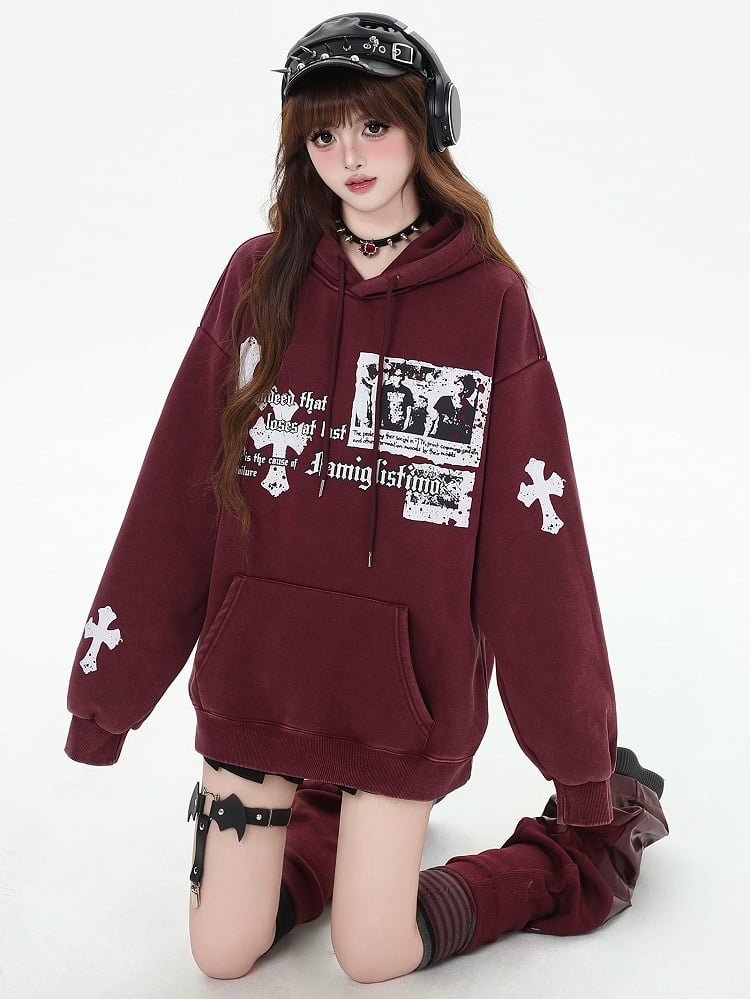 Black and Wine Red Crosses Print Graphic Hoodie