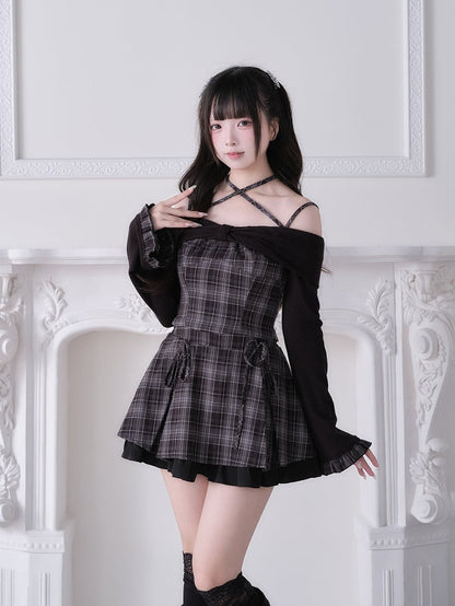 Black Plaid Set Design Off-Shoulder With Bow Long Top Strap Crisscross Ruffled Sleeve Jirai + Kei Skirt