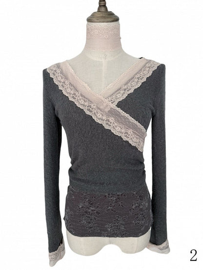 Lace Long Pink Trim Sleeve Top Gray Crossover