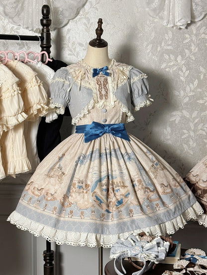 Blaues Lolita-Kleid mit Rüschen und Rundhalsausschnitt, Kätzchen- und Teddy-Print, Sweet Lolita OP