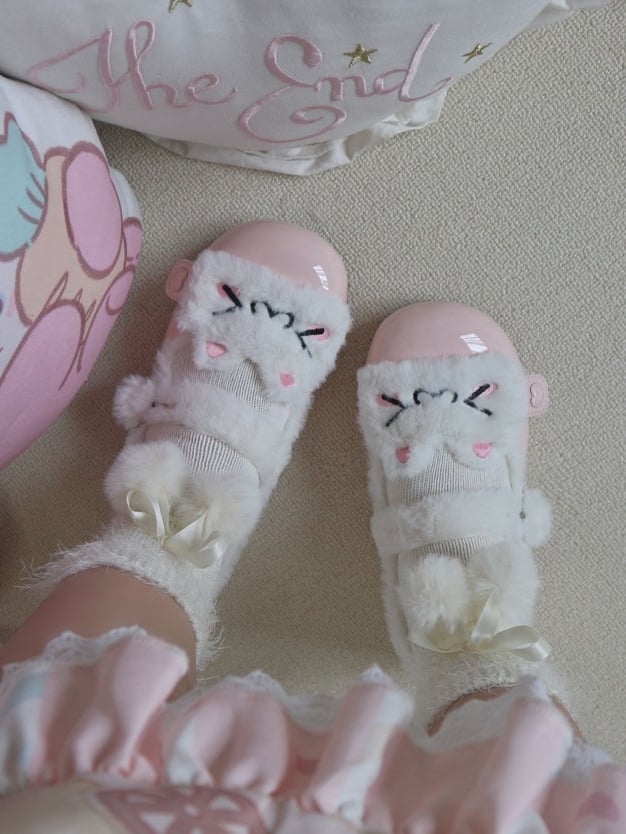 Cozy Fleece Sweet Plush Winter Kitty Pink Lolita Snap Button Flats with Lining