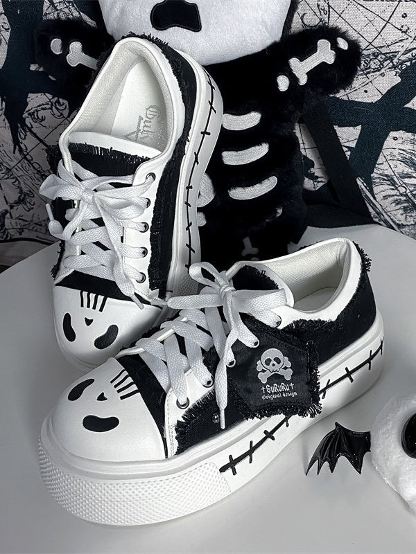 with Lace-up Sneakers White Flag Closure Black Ghost Y2K