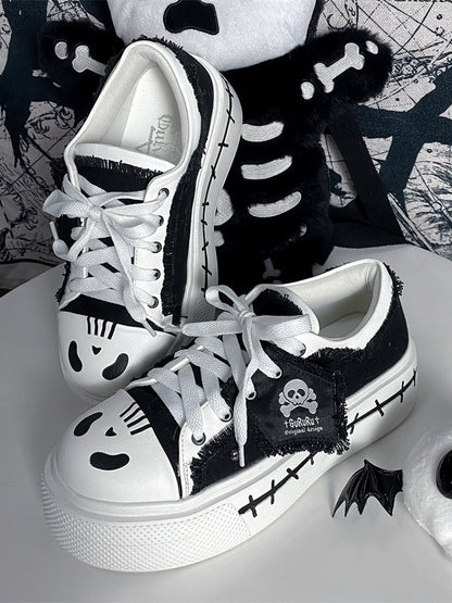 with Lace-up Sneakers White Flag Closure Black Ghost Y2K