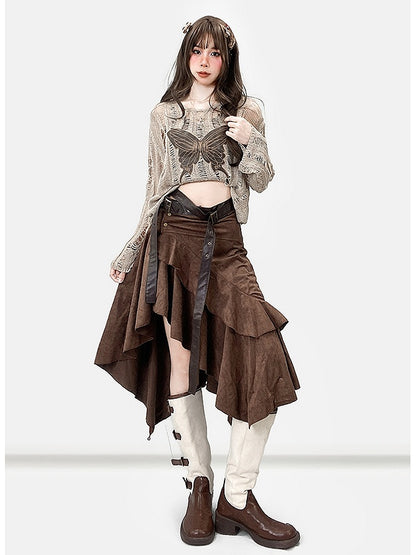 カットアウトバタフライファッションディテールカーキミラードアップリケトップ