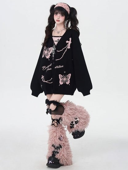 Cardigan Pompon Butterfly Scarf with - Bittersweet Charm Black/Pink Motifs Cross Set