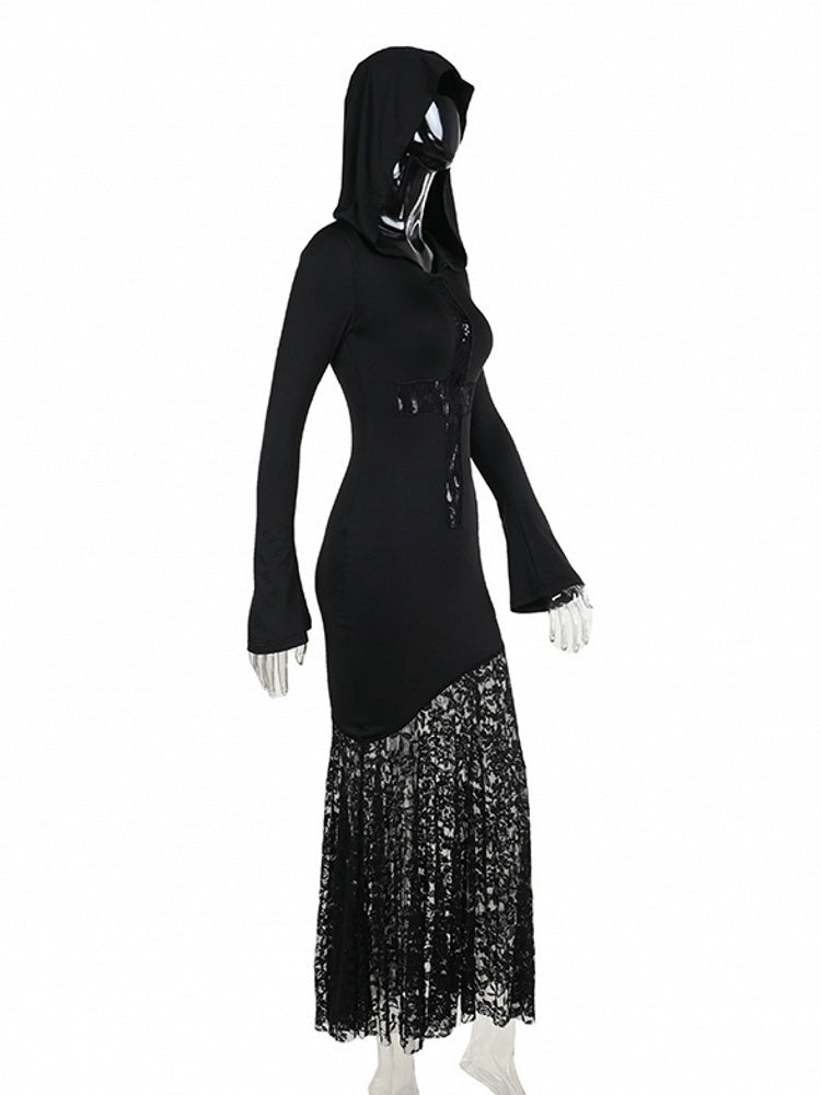 Halloween Cross Witch with Cut-Out Hooded Embroidered Floral Black Dress Lace Gothic