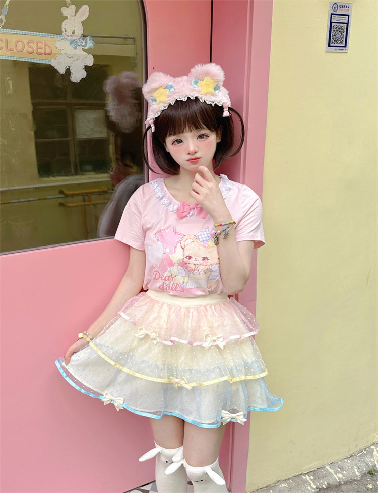 Ruffled Adorable Teddy Bear Print Bowknot Pink/Yellow Neckline Embellished T-Shirt