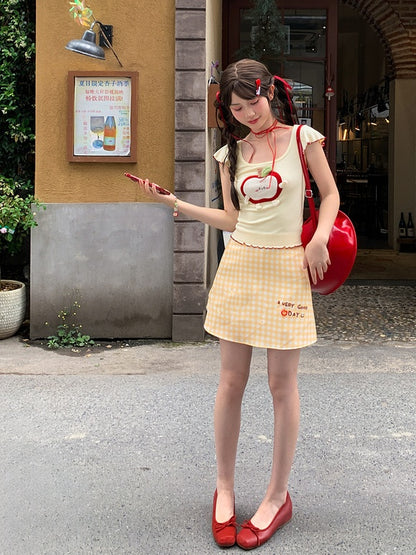 ホワイトハイウエストレタープリントイエロー＆チェック柄スカート