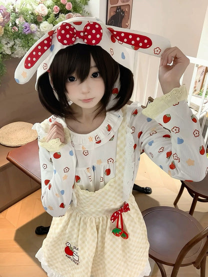 Otaku Kawaii - Long Lace-trimmed Hooded White Cuffs Sleeve Top