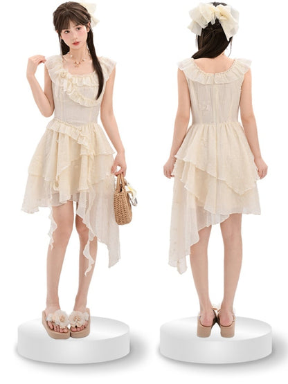 Tonal Beige Rüschen Ausschnitt Asymmetrische Urlaub Ärmelloses Kleid Saum Floral Stickerei