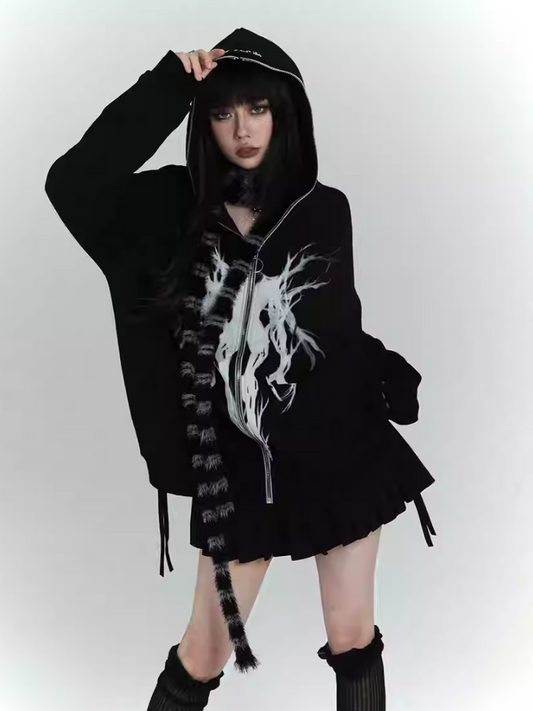 Gothic Black Zip Closure Loose Graphic Hoodie