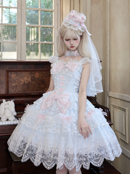 Blue Multi-Layer Lace Trim Lolita JSK with Bow and Bead Chain Decorations - White Sugar Girl