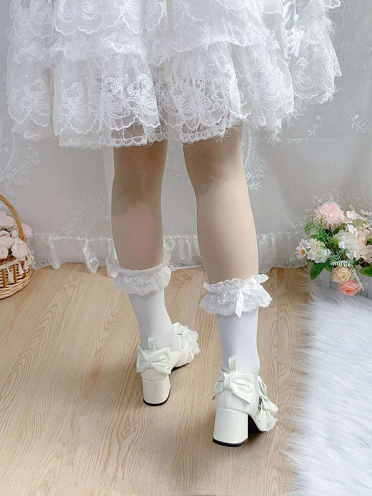 Ivory Kawaii Round Toe Lolita Shoes with Cherry Blossom, Lace & Bow - Hazelnut Bear