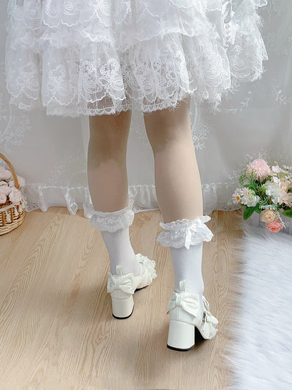 Ivory Kawaii Round Toe Lolita Shoes with Cherry Blossom, Lace & Bow - Hazelnut Bear