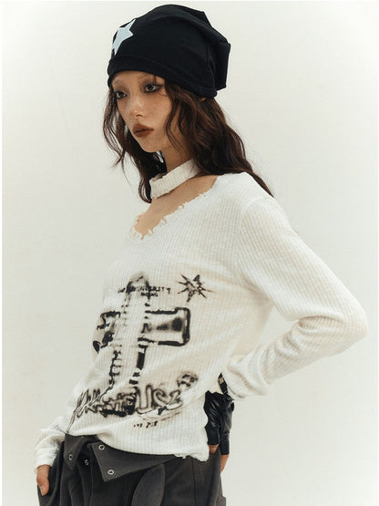 White Sweater Choker Cross V-neck Punk with