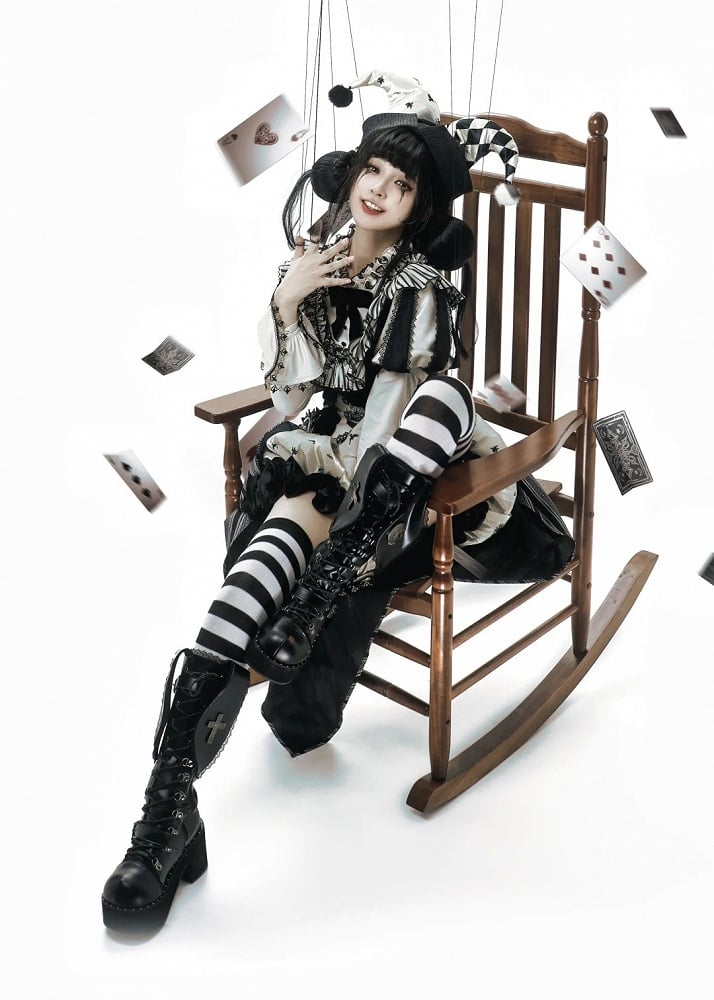 Sweet Accessories Top Skirt Clown Vibes White Sleeves Hi-lo and + Set- Black Puff Circus Full Lolita