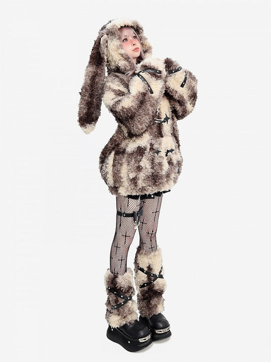 Coat Beige Cross Hooded Khaki Bunny and Ears - Sleeves Signature Plush Strap in