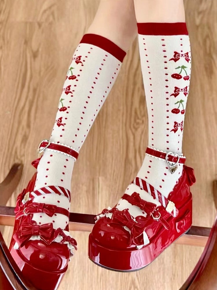Socks Pattern Print Lolita White Polka-dot Cherry Red Calf
