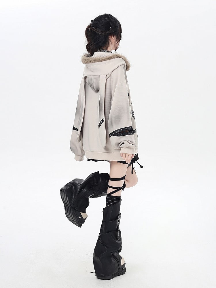 Collar Fur Punk Faux Detail with Lace-Up Coat Khaki/Black Loose