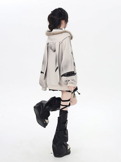 Collar Fur Punk Faux Detail with Lace-Up Coat Khaki/Black Loose